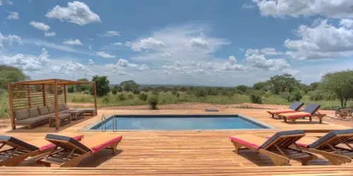 Tarangire Ndovu Pool: outdoor pool with sun loungers, wooden deck, and savannah view