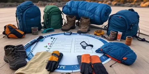 An ultimate Kilimanjaro packing list laid out on a wooden platform with Mount Kilimanjaro in the background, featuring backpacks, hiking boots, gloves, sleeping bag, sunglasses, trekking poles, and other essential trekking gear arranged around a circular checklist.