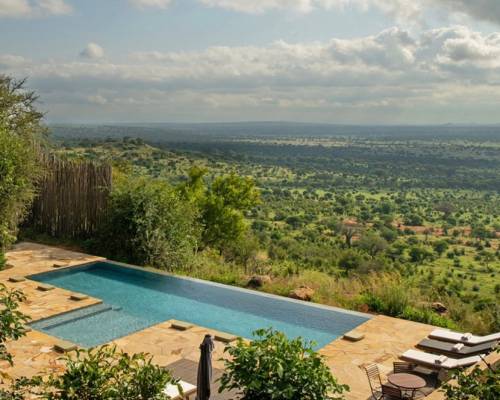 Infinity pool overlooking expansive green savannah under a cloudy sky